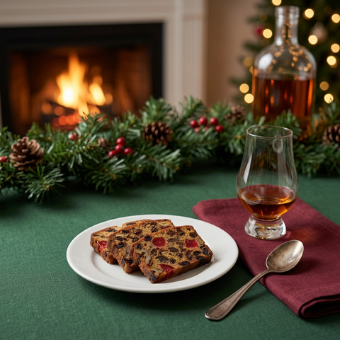 Holiday fruitcake slices paired with amber rum and an unbranded bottle