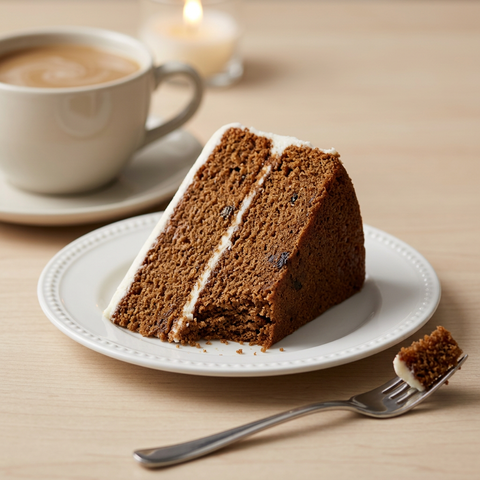 A slice of Spanish Bar Cake with white icing, served with coffee and a small bite on a fork.