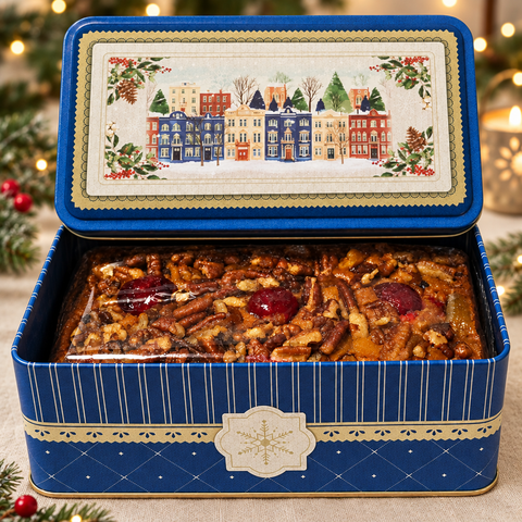 Open blue holiday tin with village artwork lid, showing amber wax inside