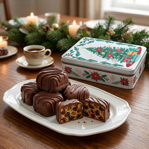 Milk chocolate-covered fruitcake slices on a white platter beside a Christmas-tree holiday tin, with coffee and festive greenery.