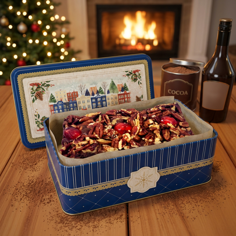 Chocolate liqueur fruitcake in an open blue holiday tin, with cocoa dusting, a cocoa tin and liqueur bottle beside a fireplace and lit Christmas tree.