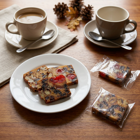 Classic fruitcake slices on a white plate with two wrapped slices and coffee for two on a wooden table