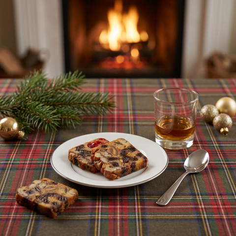 Petite fruitcake slices with an amber spirit on a festive fireside table