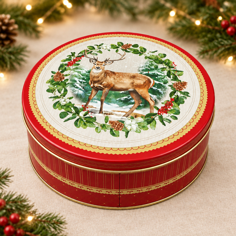 Red deer tin with festive background