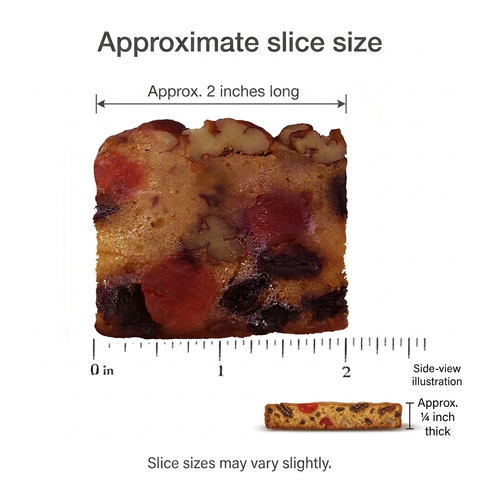 Jane Parker Classic fruitcake slice beside a ruler showing approximately 2 inches in length, with a side-view illustration showing ¼-inch thickness