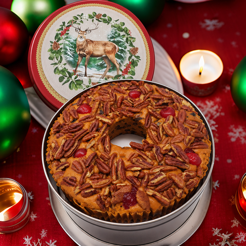 Round fruitcake with raised red deer lid
