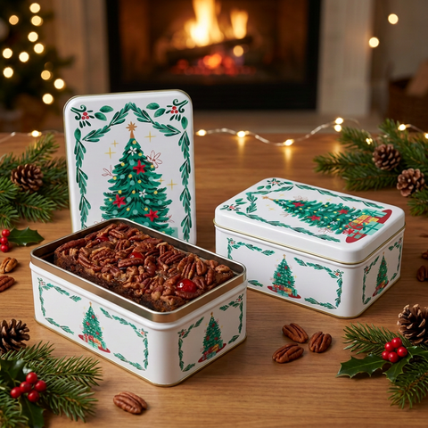 Bourbon Fruitcake in a shallow open Christmas-tree tin beside a matching closed tin, with evergreen branches and warm holiday lights