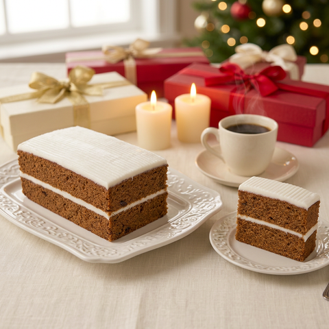 Spanish Bar Cake and a plated slice served with coffee beside candles and wrapped gifts.