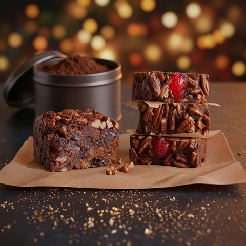 Chocolate fruitcake slices with cherries and pecans stacked on parchment, with an open cocoa tin and softly blurred golden lights behind them