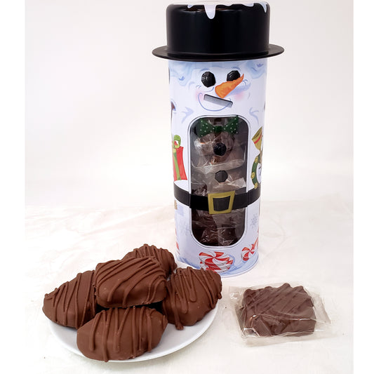 Chocolate Covered Fruitcake Slices in a Snowman Tin