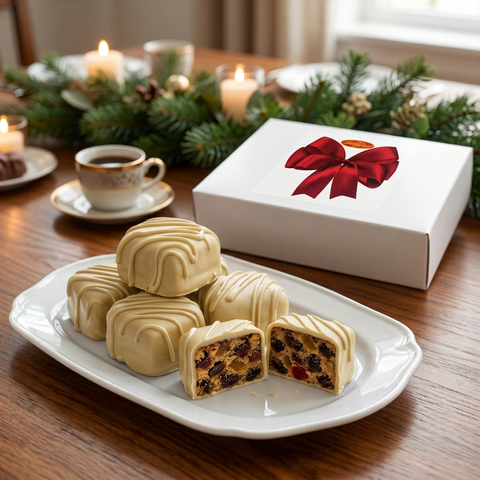 White chocolate-covered fruitcake slices, including a cut-open piece, on a platter beside a white gift box with a red bow