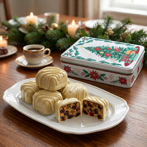 White chocolate-covered fruitcake slices on a white platter beside a Christmas-tree holiday tin, with coffee and festive greenery.