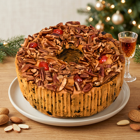 Amaretto ring fruitcake topped with pecans and cherries on a white plate, with almonds, a glass of amaretto, and Christmas lights
